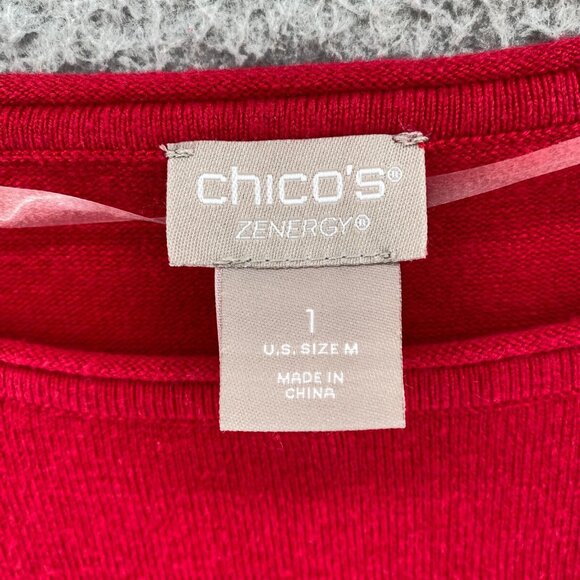 Chicos Sweater Womens 1 US Medium Red Zenergy Cotton Cashmere Blend Lurex Stripe - Picture 5 of 9